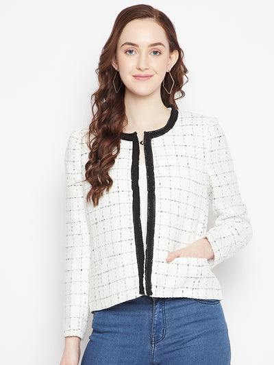 White Checked Round Neck Blazer - Women Blazer