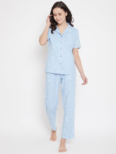 Blue Printed Slim Fit Night Suits - Women Night Suits