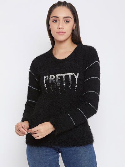 Black Printed Slim Fit Sweater Top - Women Sweaters
