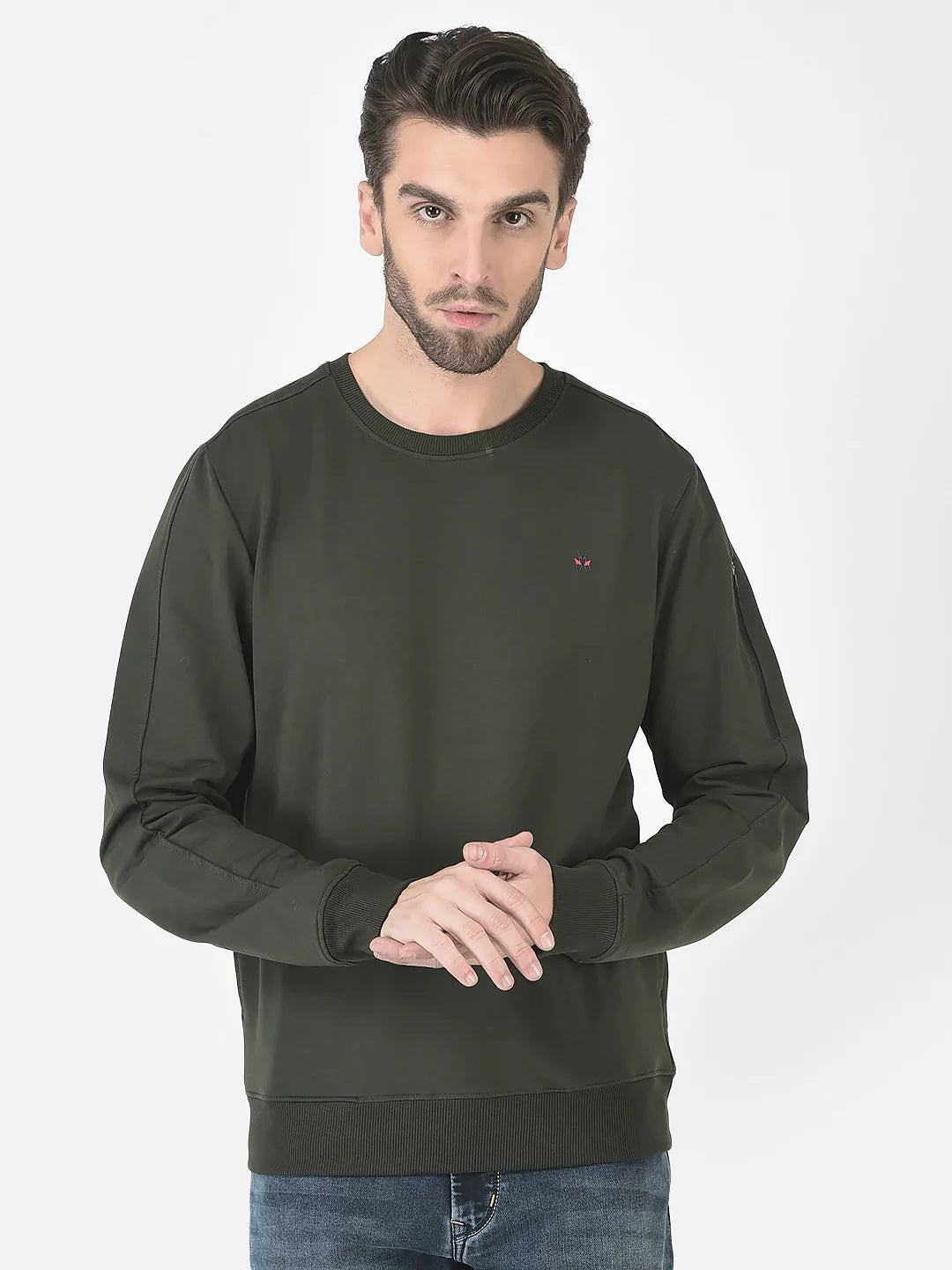  Simple Olive Zip Detailed Sweatshirt
