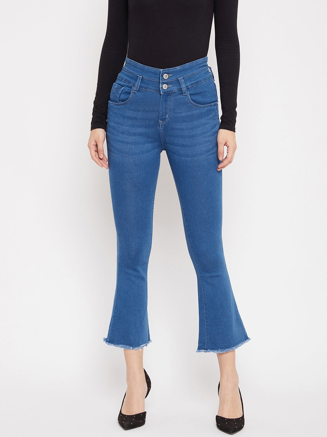 Blue Double Button Bootcut Jeans - Women Jeans