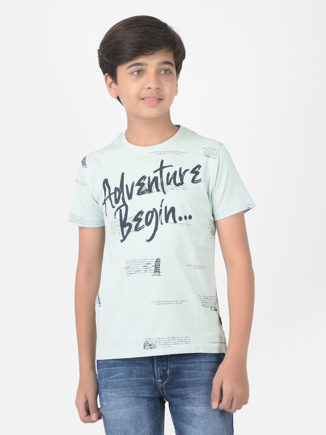 Mint Green Printed Round Neck T-shirt - Boys T-Shirts