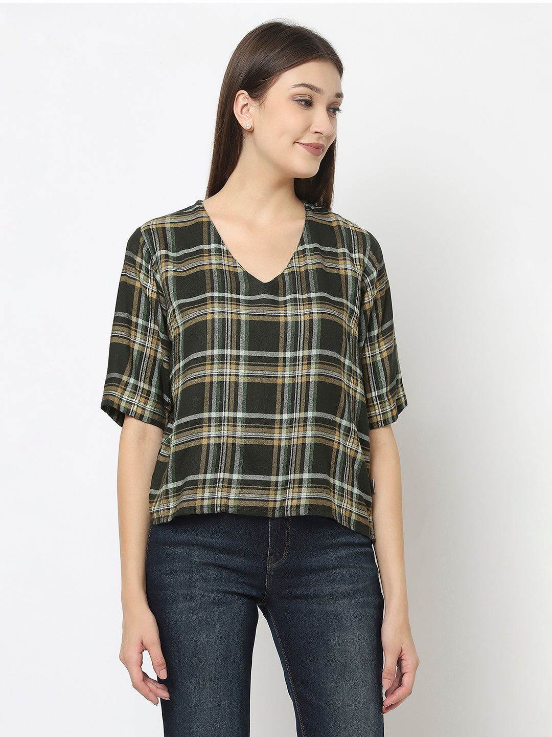 Dark Green Cropped Top in Checks
