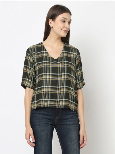 Dark Green Cropped Top in Checks