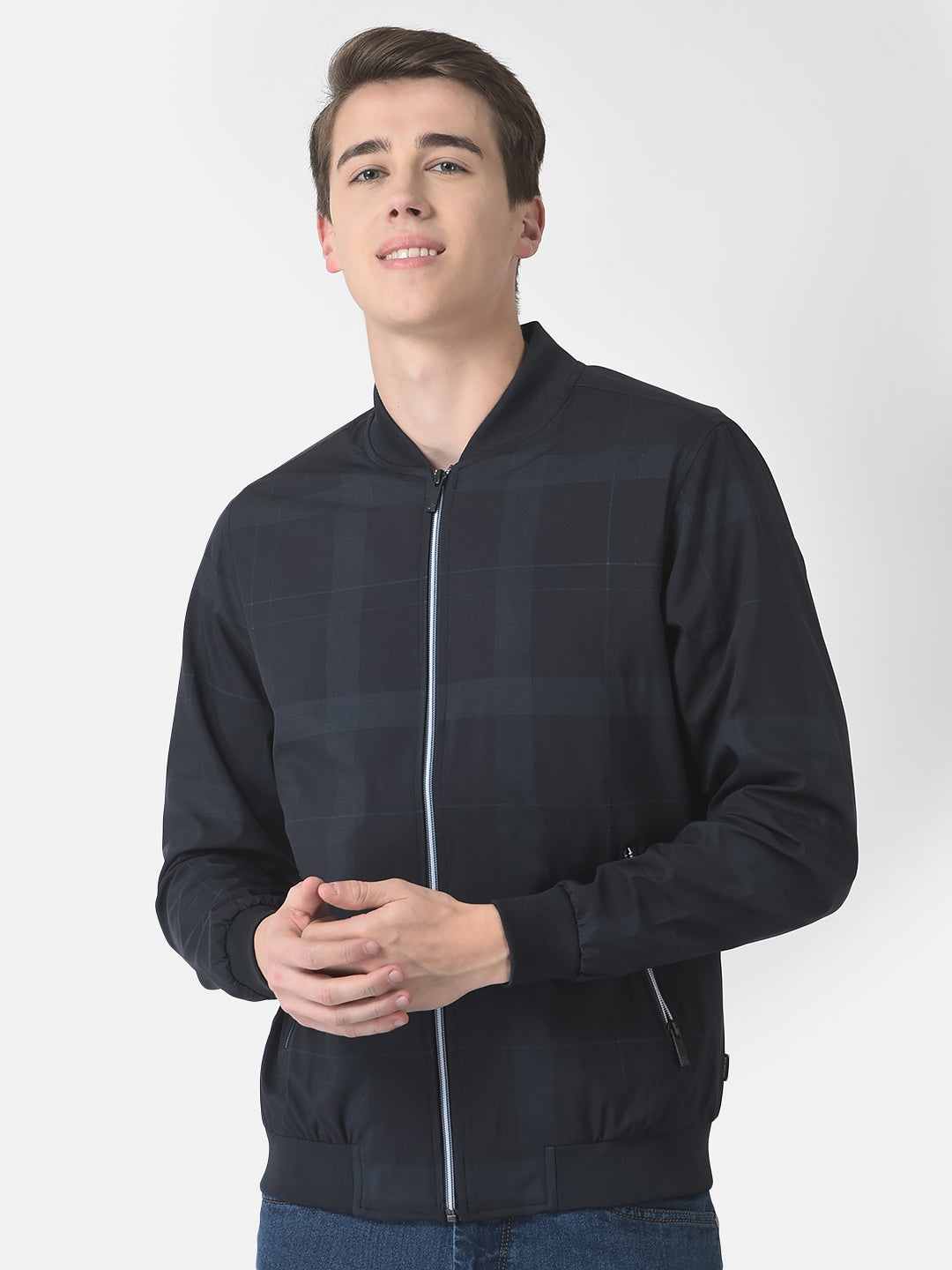  Navy Blue Checked Bomber Jacket