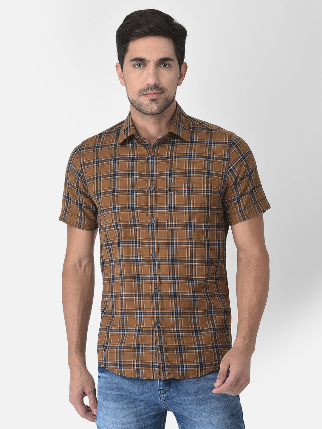 Brown Checked Short Sleeves Shirt - Men Shirts