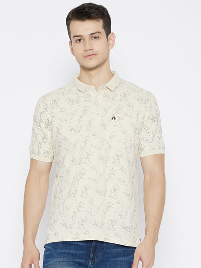 Cream Printed Polo Neck T-shirt - Men T-Shirts