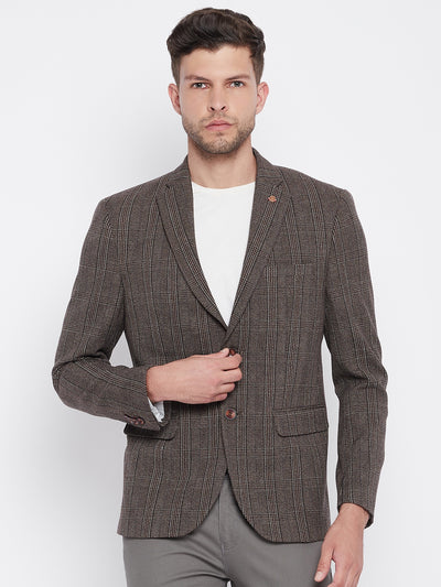 Brown Checked Notched Lapel Blazer - Men Blazers