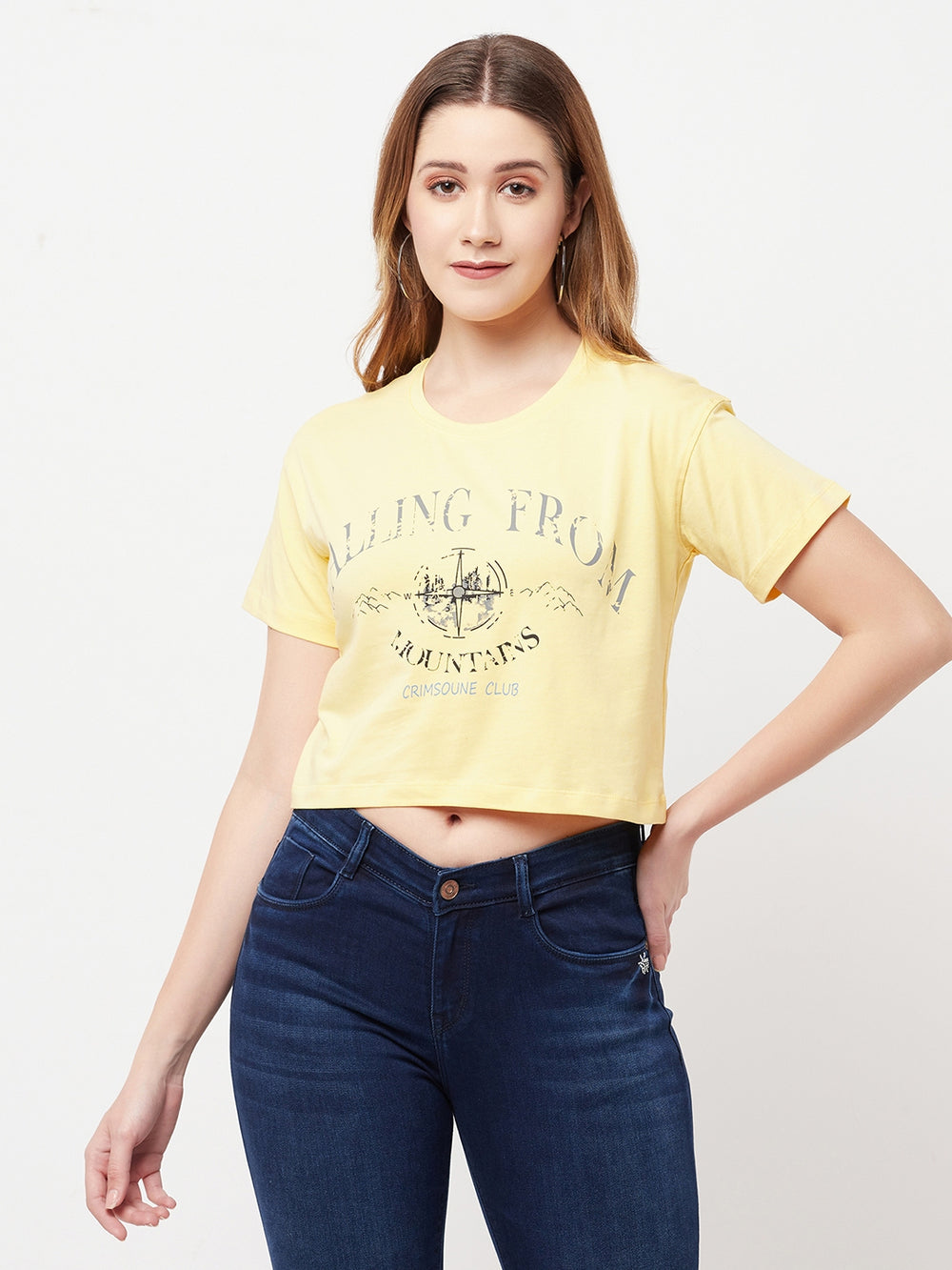Yellow Printed Round Neck Cropped T-Shirt - Women T-Shirts