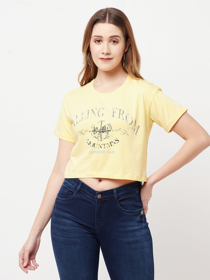 Yellow Printed Round Neck Cropped T-Shirt - Women T-Shirts