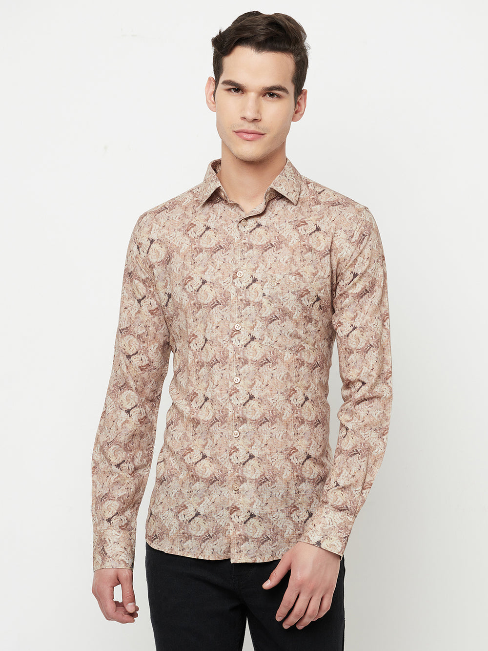 Beige Printed Linen Shirt - Men Shirts