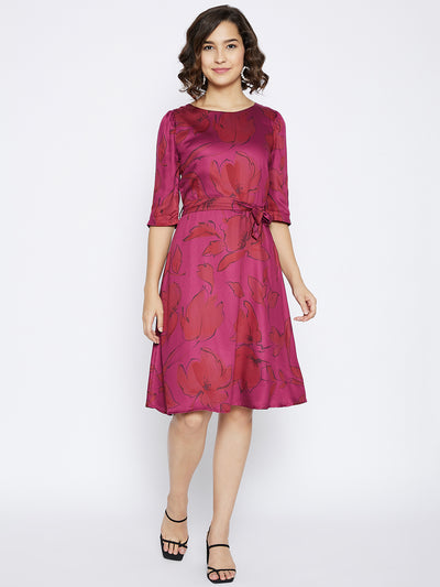 Maroon Floral Print A-line Dress - Women Dresses