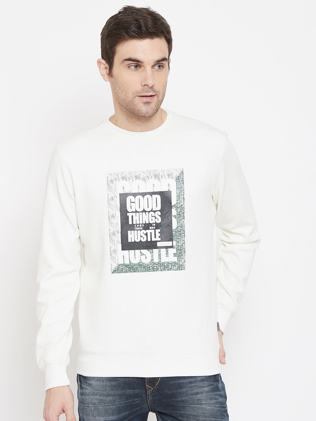 White Printed Round Neck Sweatshirt - Men Sweatshirts