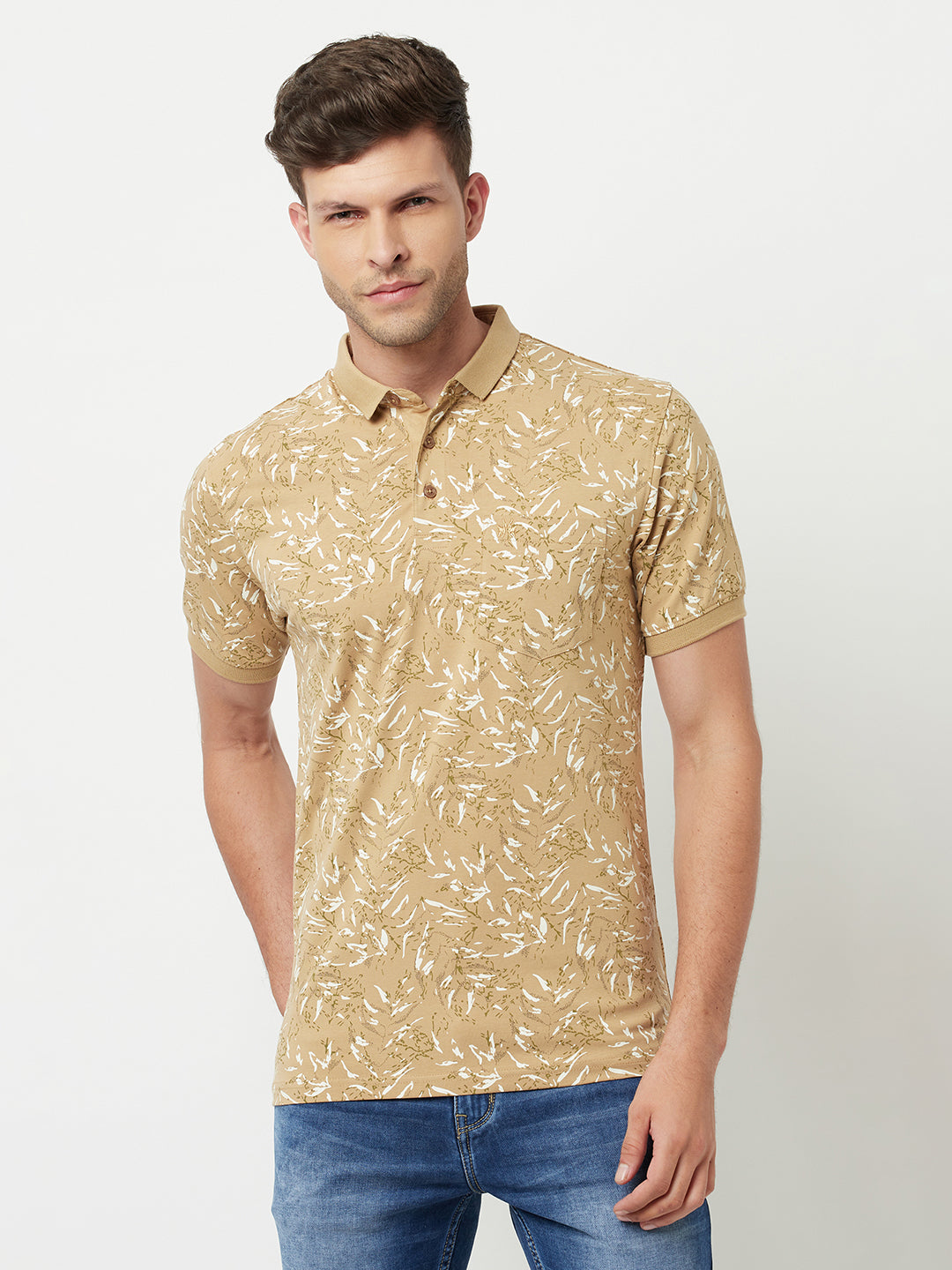 Khaki Printed Polo T-Shirt-Men T-Shirts-Crimsoune Club