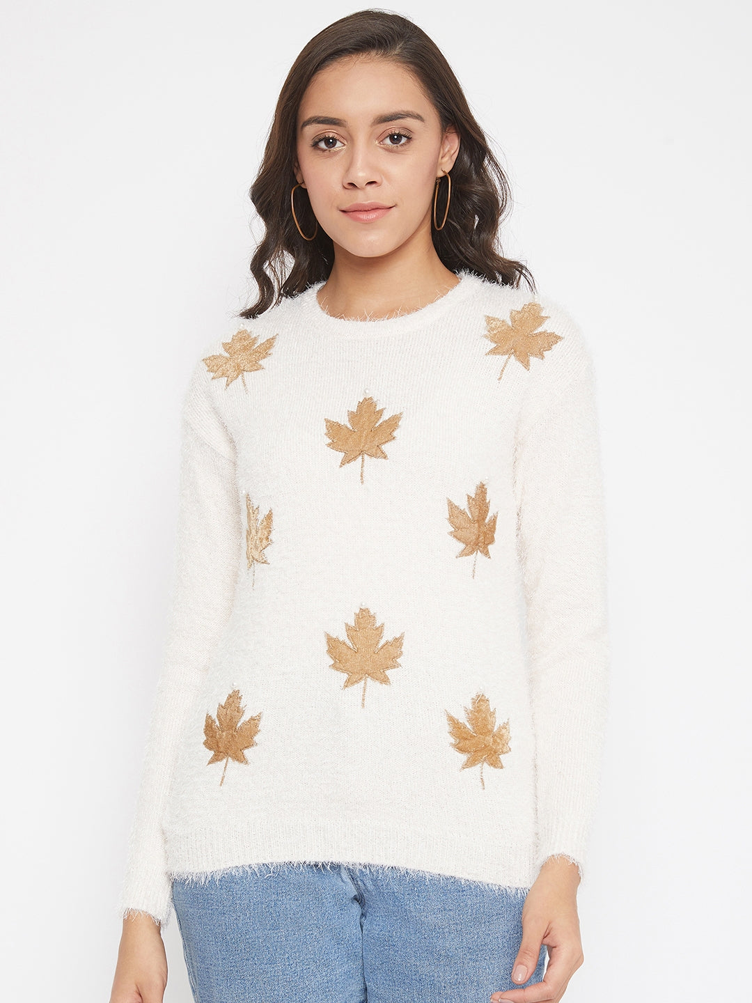 Cream Printed Round Neck Sweater - Women Sweaters