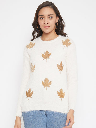 Cream Printed Round Neck Sweater - Women Sweaters