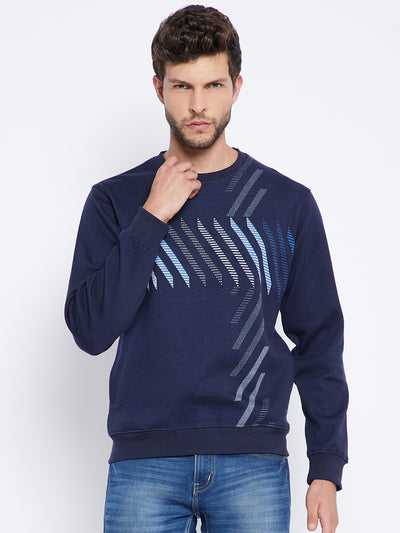 Navy Blue Printed Round Neck Sweatshirt - Men Sweatshirts