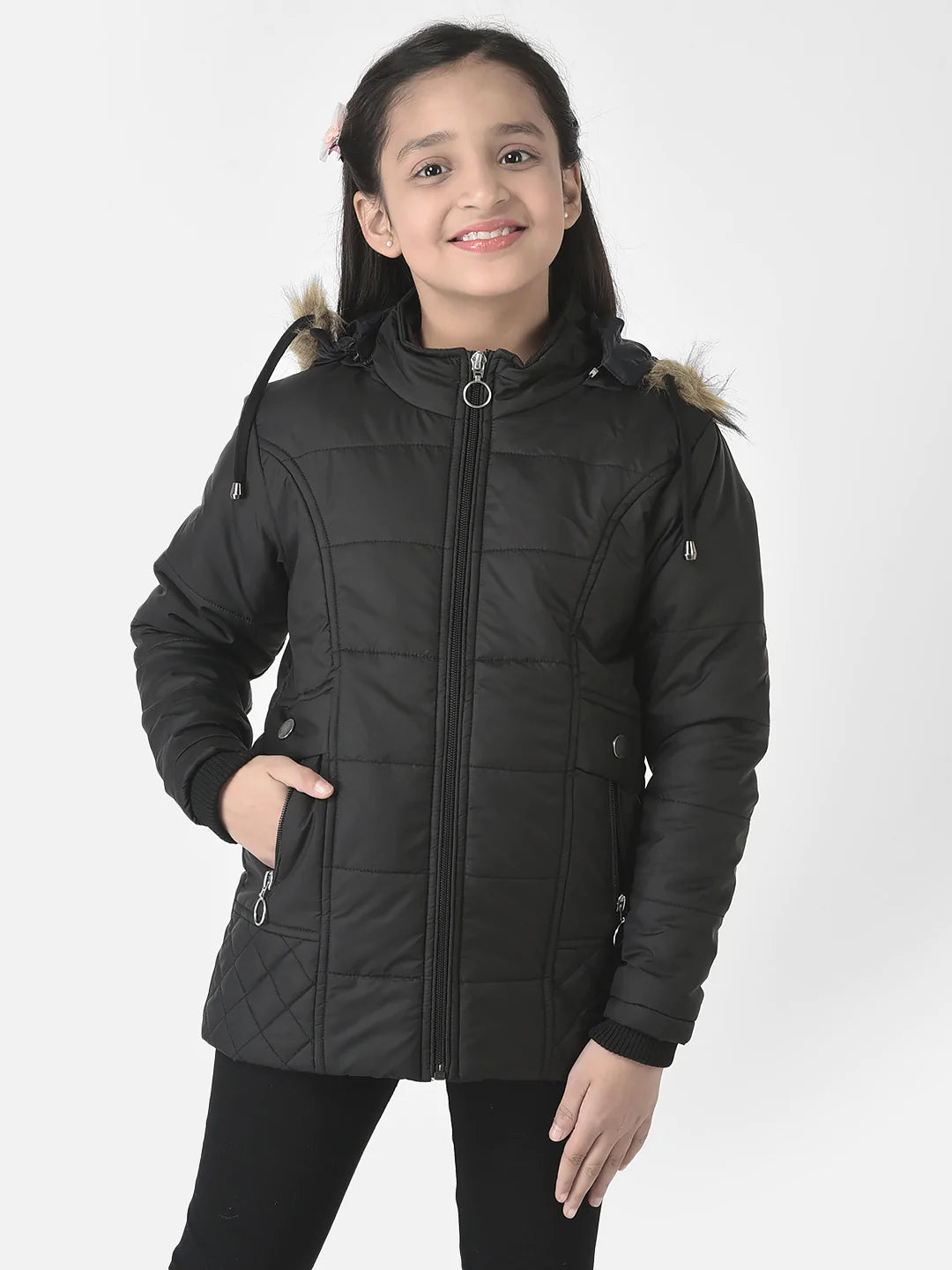  Black Fur Detailed Padded Jacket