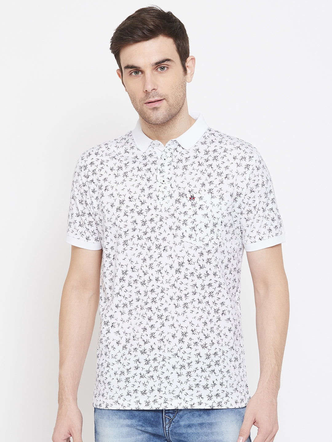 White Printed Polo Neck T-Shirt - Men T-Shirts