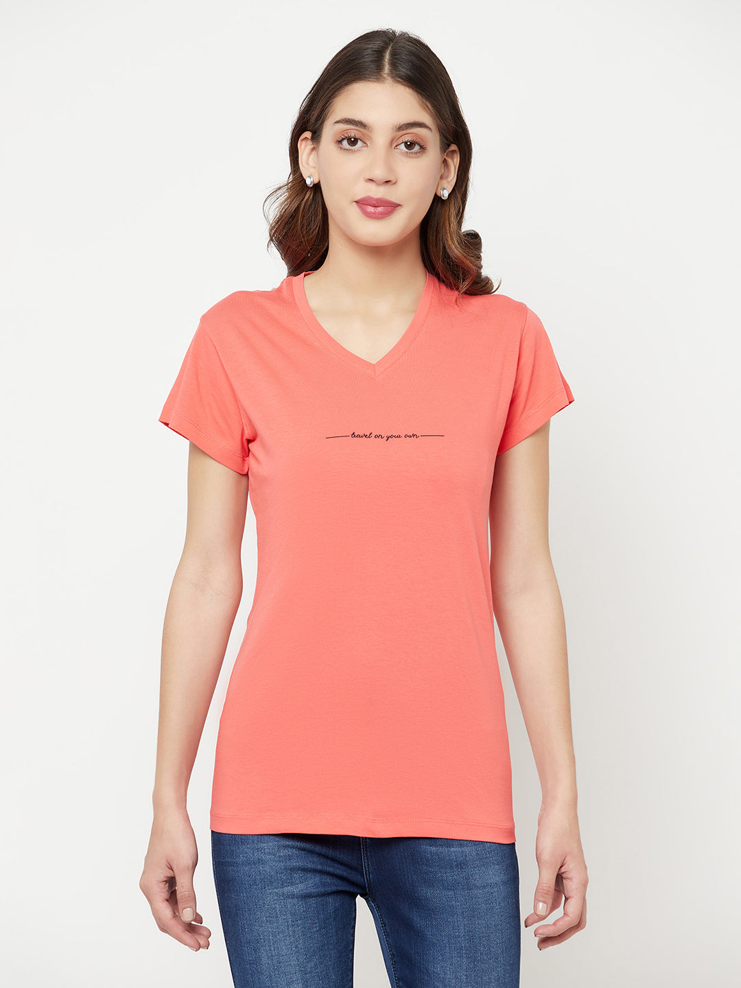 Pink Printed V-Neck T-Shirt - Women T-Shirts