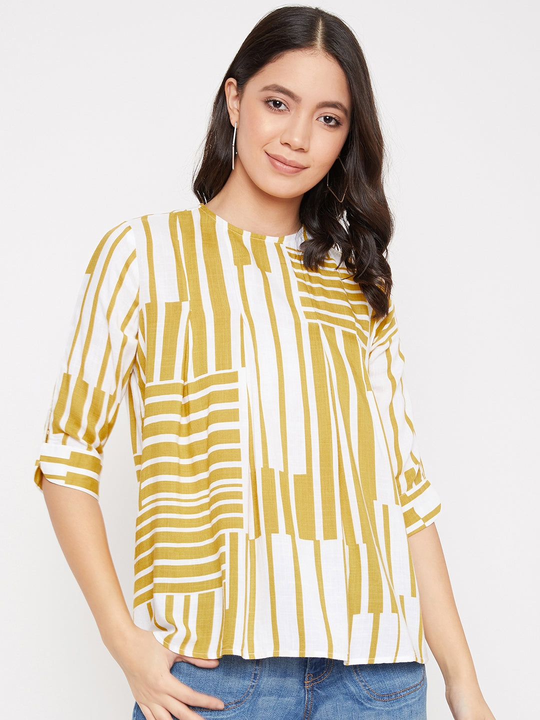 Yellow and White Colour blocked Top - Women Tops