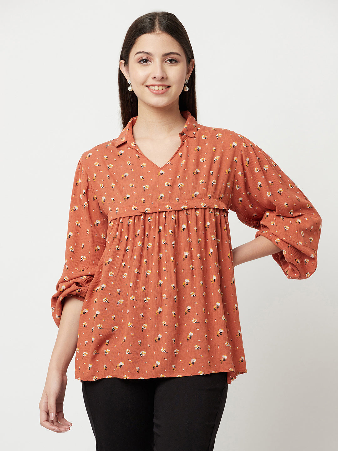 Orange Floral Empire Top-Women Tops-Crimsoune Club