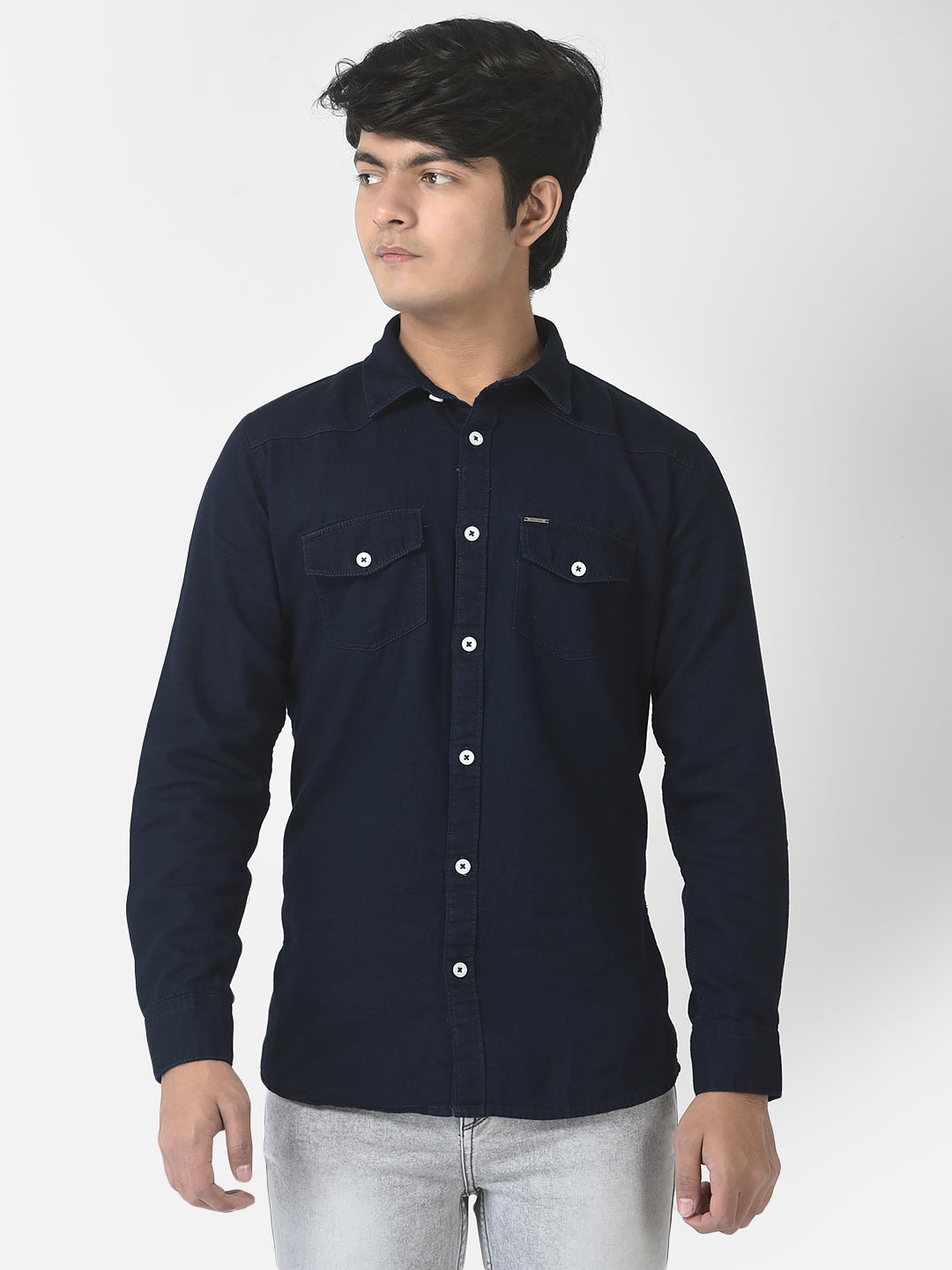  Navy Blue Slim Denim Shirt