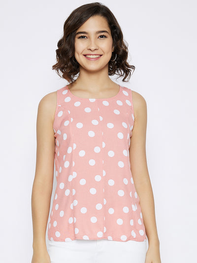 Peach Polka Dots Printed Tank Top - Women Tops