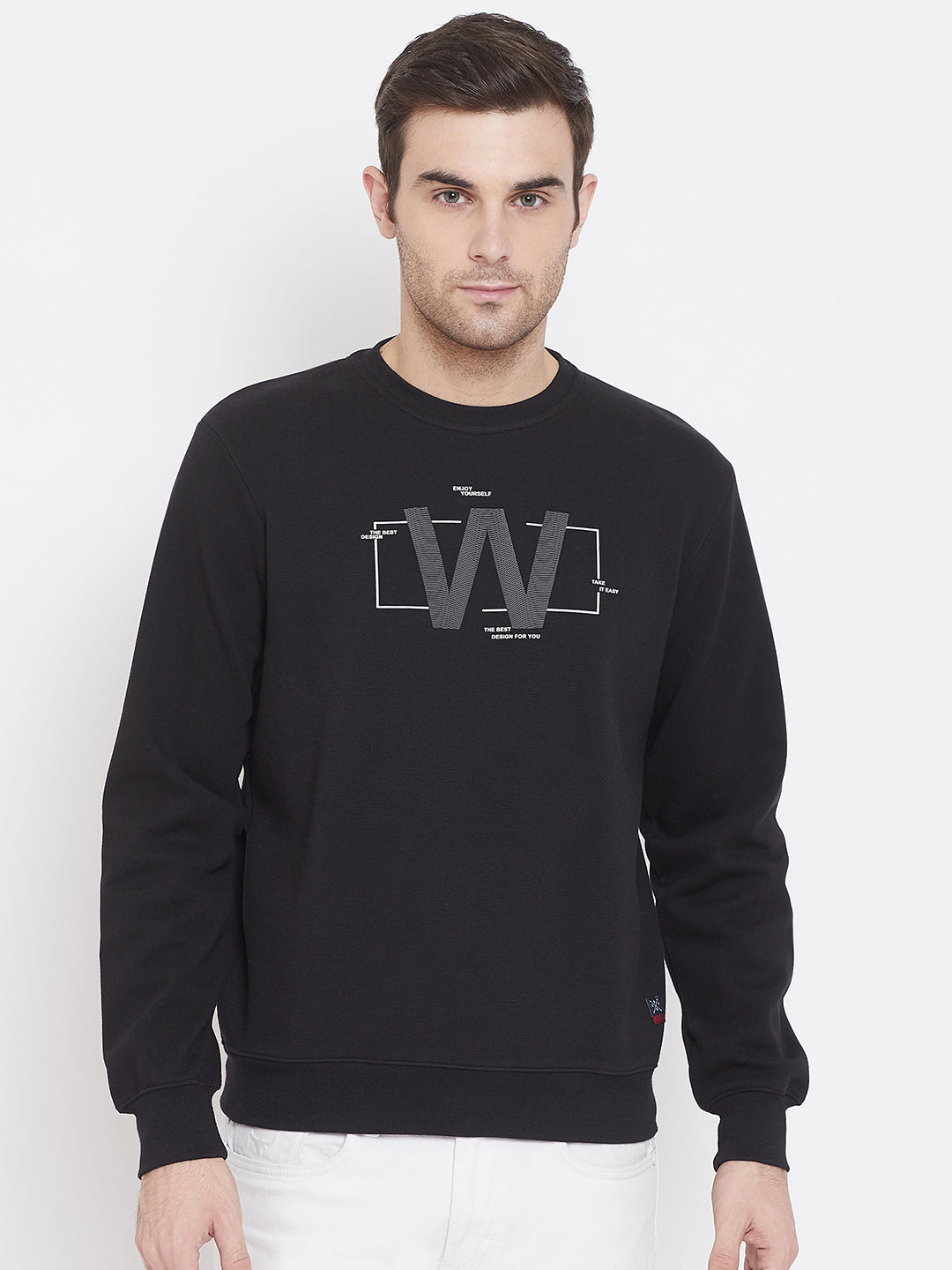 Black Printed Round Neck Sweatshirt - Men Sweatshirts