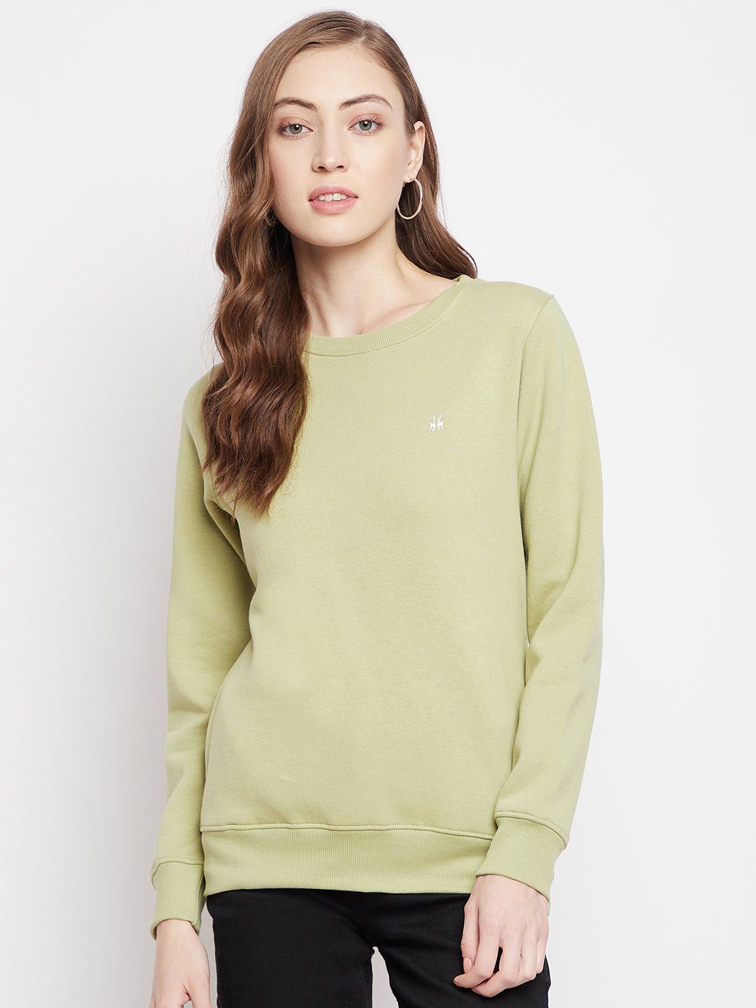Crimsoune Club Women Olive Solid Round Neck Sweatshirt-Women Sweat Shirts-Crimsoune Club