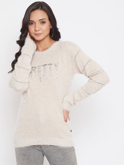 Beige Self Design Round Neck Sweater - Women Sweaters