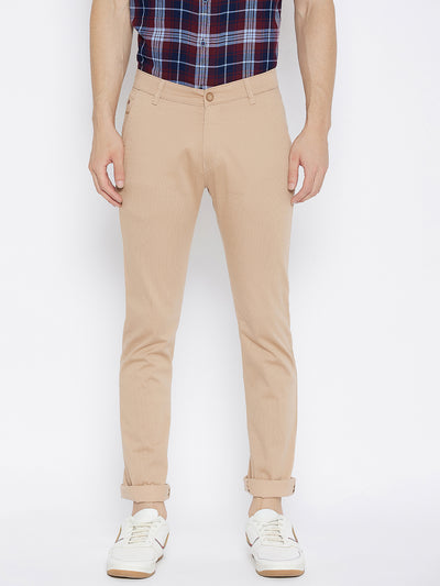 Beige Printed Slim Fit Trousers - Men Trousers