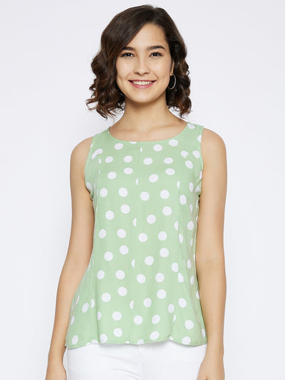 Mint Green Polka Dots Printed Tank Top - Women Tops
