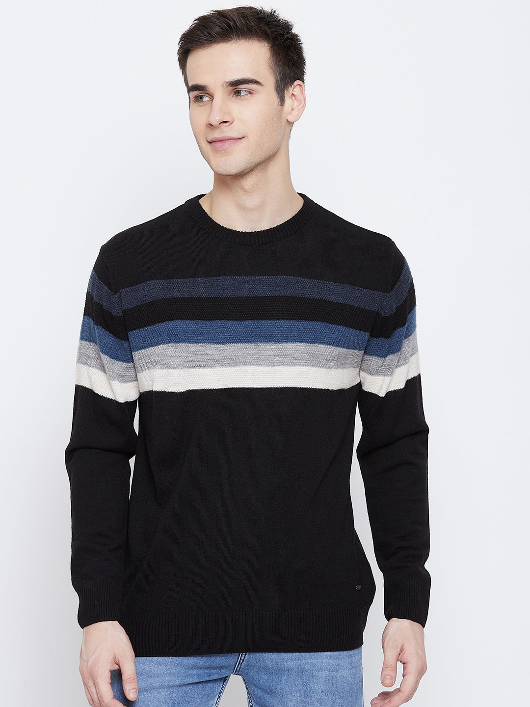 Black Colorblocked Round Neck Sweater - Men Sweaters