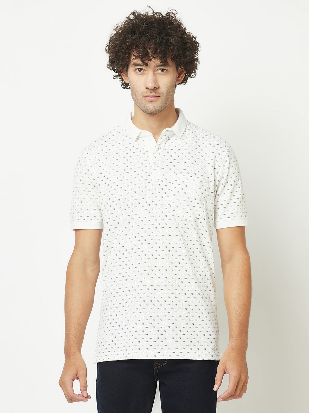  Geometric Print White Polo T-Shirt