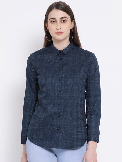 Blue Printed Mandarin Collar Slim Fit Shirt - Women Shirts