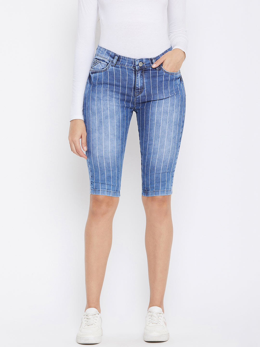 Striped Denim Shorts - Women Shorts