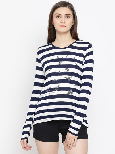 White Striped Round Neck T-Shirt - Women T-Shirts