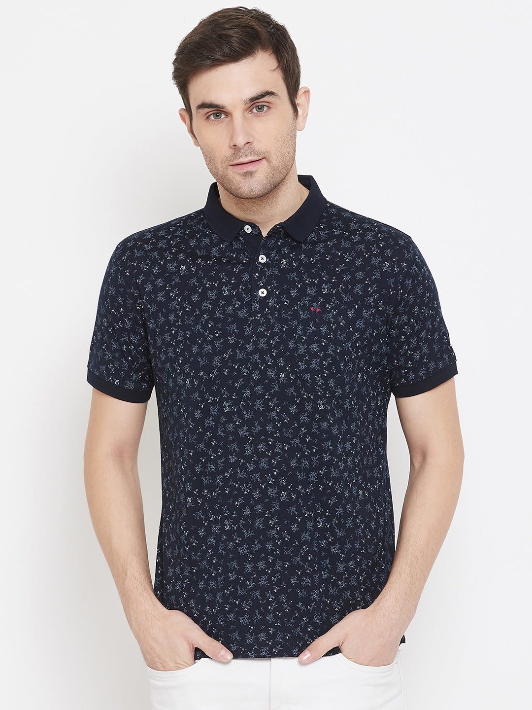 Navy Blue Printed Polo Neck T-Shirt - Men T-Shirts