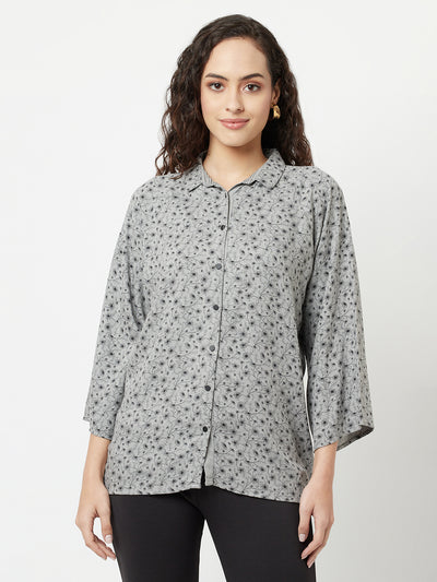 Grey Floral Print Shirt-Women Shirts-Crimsoune Club