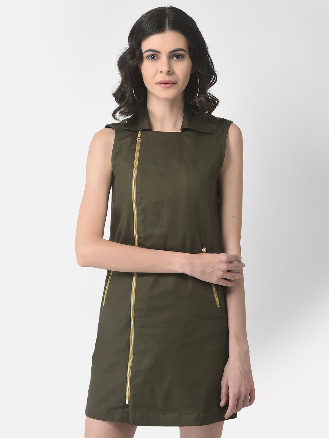 Olive Green Safari Dress Crimsoune Club