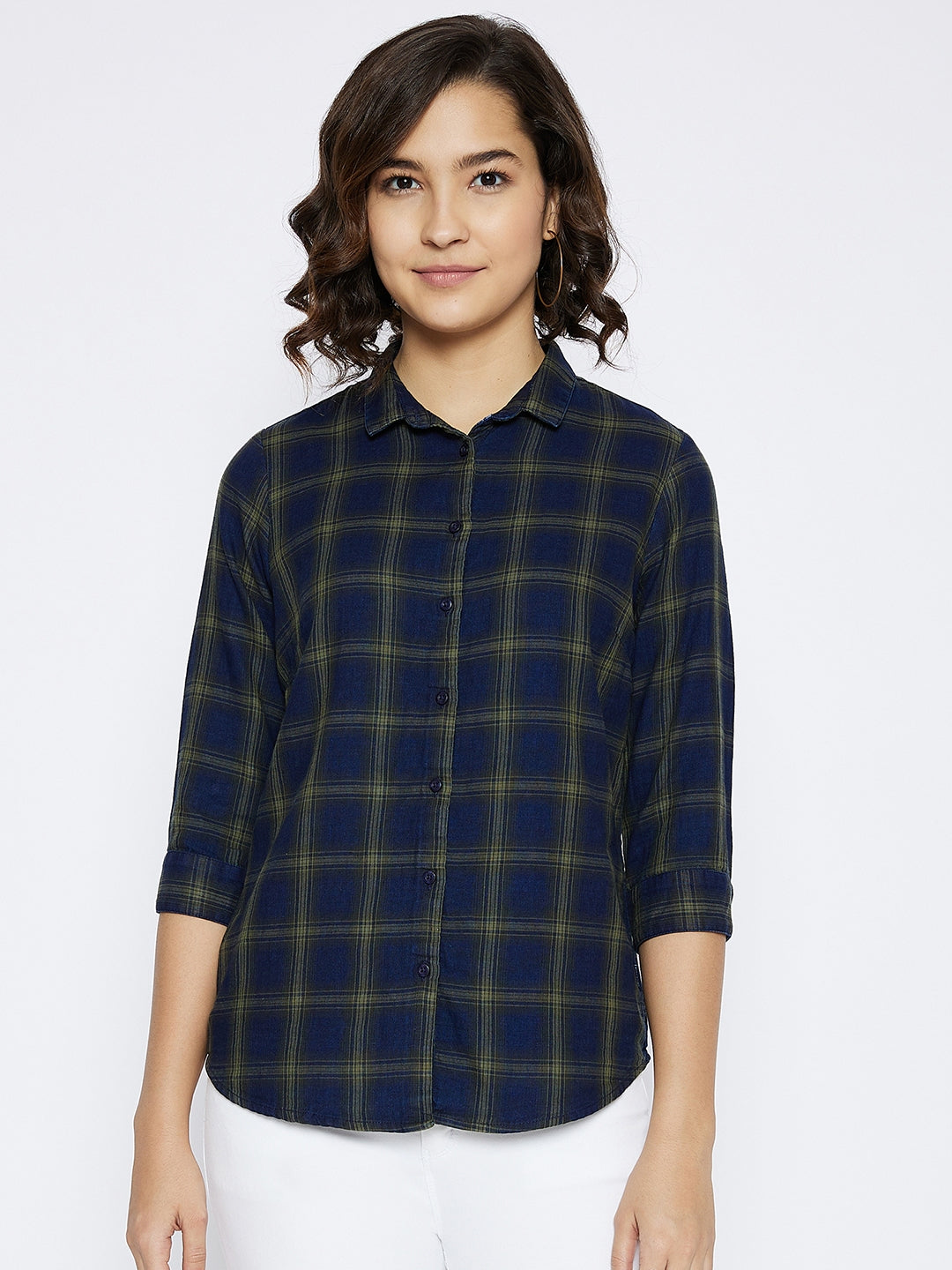 Navy Blue Checked Slim Fit shirt - Women Shirts