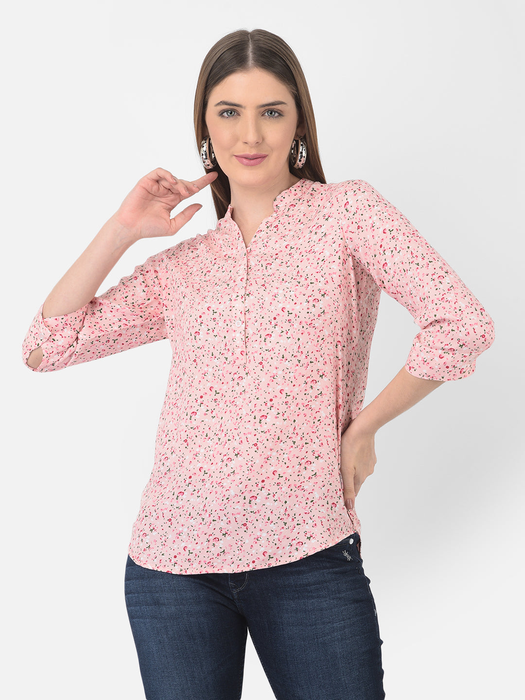 Pink Floral Printed Mandarin Collar Top - Apparel & Accessories