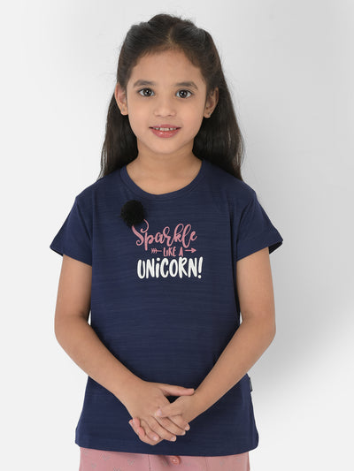 Navy Blue Printed Round Neck T-Shirt - Girls T-Shirts