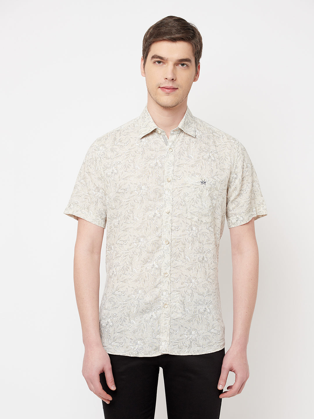 Beige Floral Linen Shirt - Men Shirts