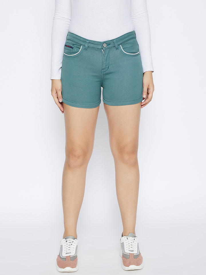Green Slim Fit Denim Shorts - Women Shorts