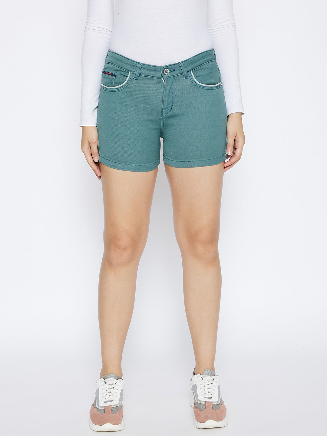 Green Slim Fit Denim Shorts - Women Shorts