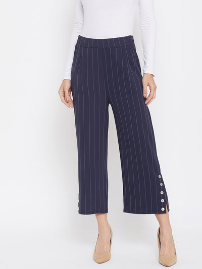 Navy Blue Striped Parallel Trousers - Women Trousers