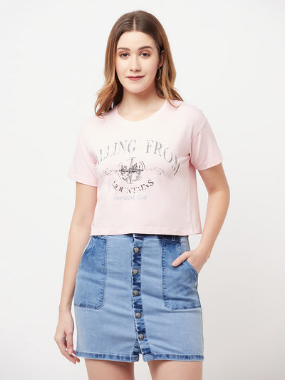 Pink Printed Round Neck Cropped T-Shirt - Women T-Shirts