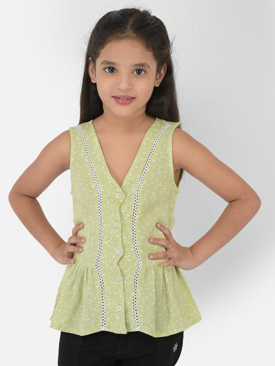 Light Green Printed V-Neck Top Empire Top - Girls Tops